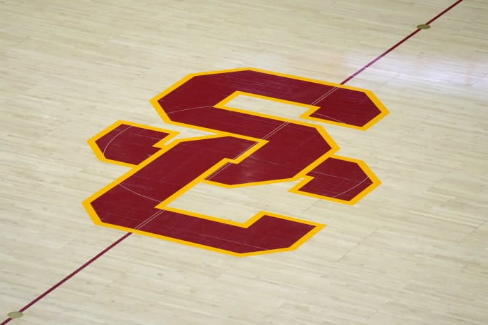 The Southern California Trojans "SC" logo at midcourt at Galen Center.